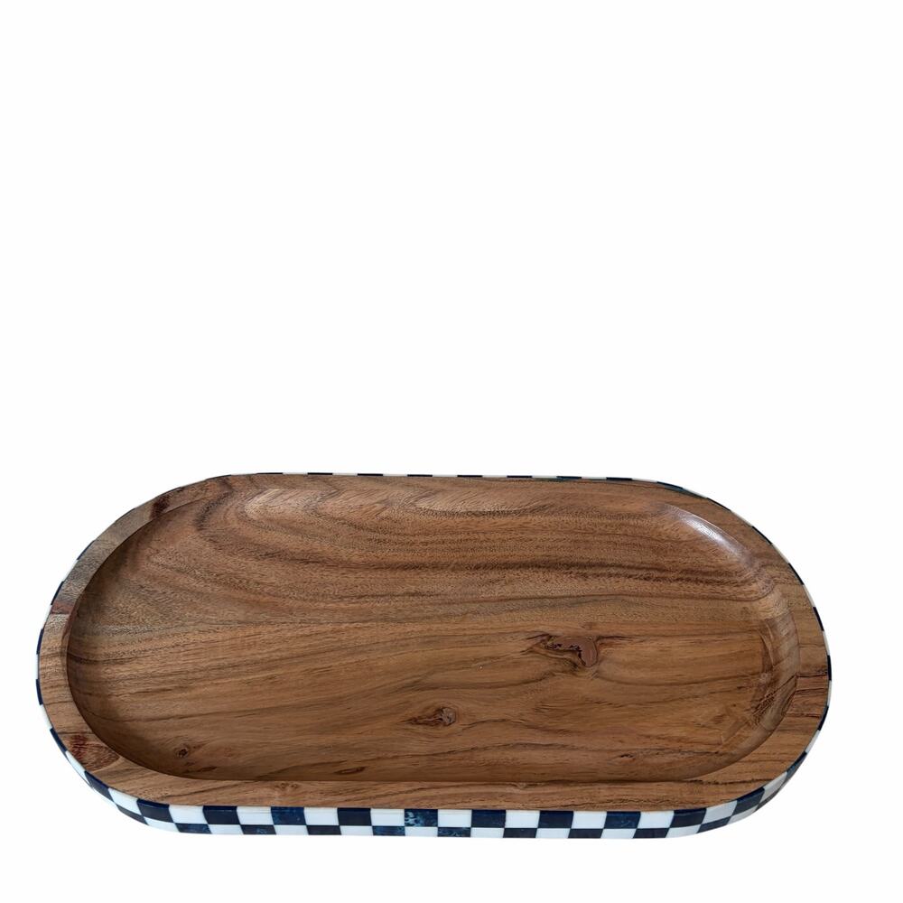 Blue & White Checkered Enameled Mango Wood Serving Tray 14x7 Made In India NEW - Picture 2 of 15